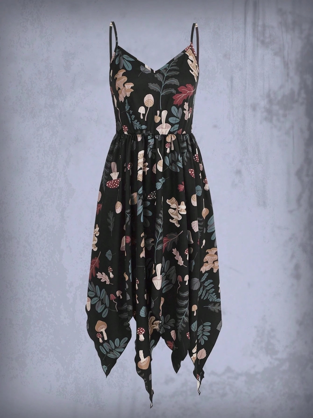 Wymsical Bontanical Mushroom Spaghetti-Strap Handkerchief Hem Dress in Black